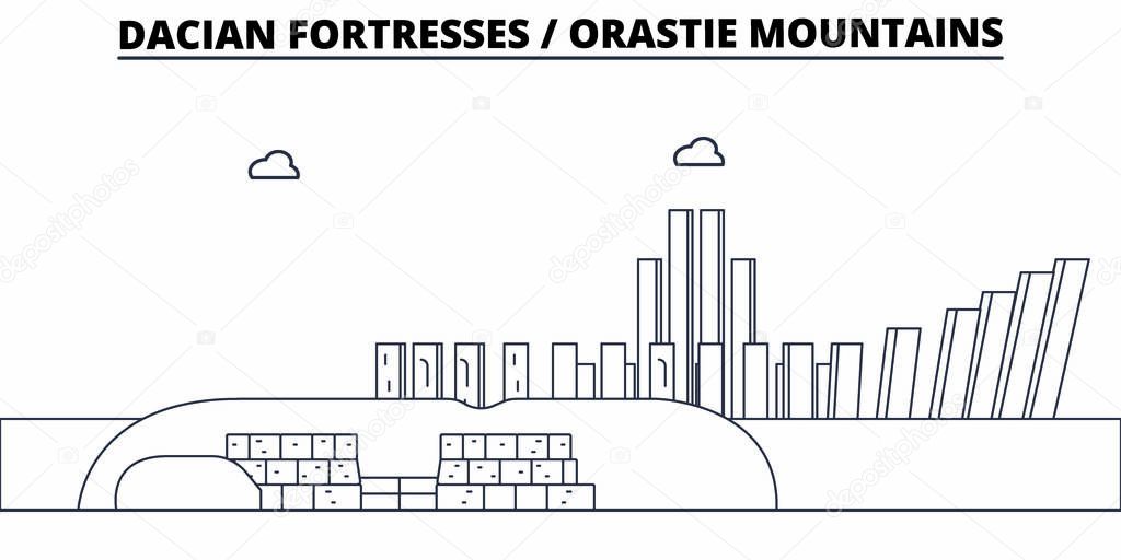 Romania - Dacian Fortresses, Orastie Mountains travel famous landmark skyline, panorama, vector. Romania - Dacian Fortresses, Orastie Mountains linear illustration