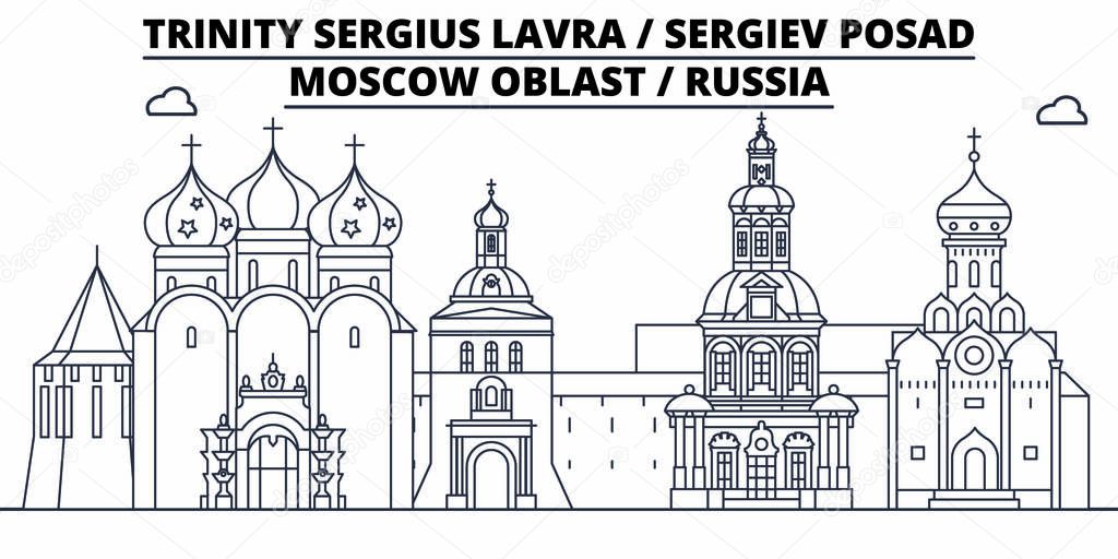 Russia - Sergiev Posad, Lavra travel famous landmark skyline, panorama, vector. Russia - Sergiev Posad, Lavra linear illustration