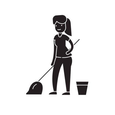 Bir paspas siyah vektör kavramı simgesi ile temizlik. Bir paspas düz illüstrasyon ile Temizleme, kayıt