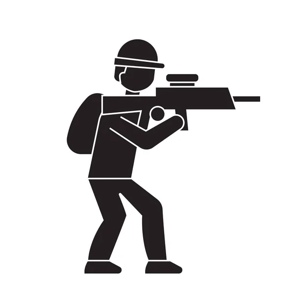 Aiming soldier black vector concept icon. Aiming soldier flat illustration, sign — Stock Vector