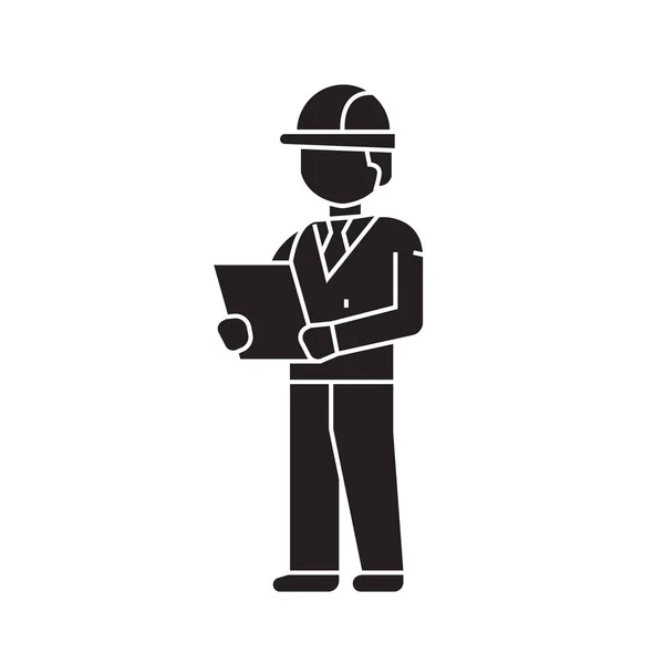 Architect working with blueprints black vector concept icon. Architect working with blueprints flat illustration, sign — Stock Vector