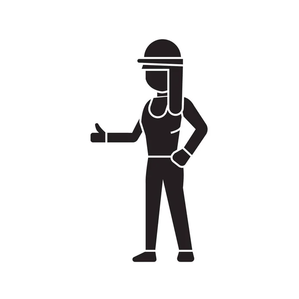 Builder woman black vector concept icon. Builder woman flat illustration, sign — Stock Vector