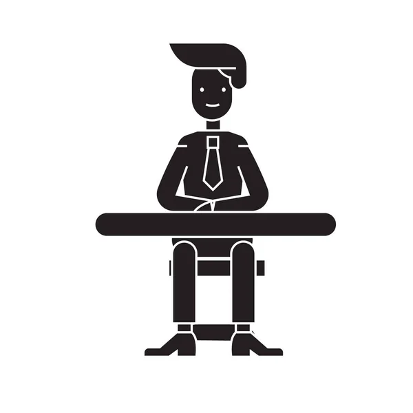 Businessman sitting at the table black vector concept icon. Businessman sitting at the table flat illustration, sign — Stock Vector