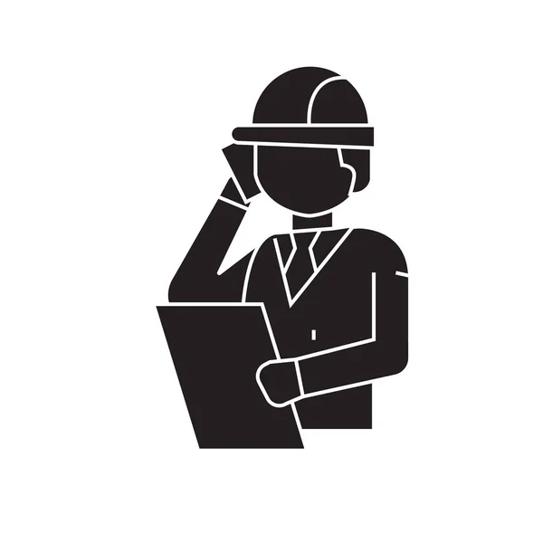 Construction engineer talk black vector concept icon. Construction engineer talk flat illustration, sign — Stock Vector