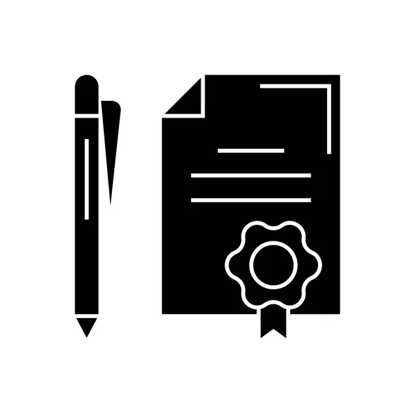 Vertrag mit Stift schwarzer Vektor-Konzept-Symbol. Vertrag mit Stift flache Abbildung, Unterschrift — Stockvektor