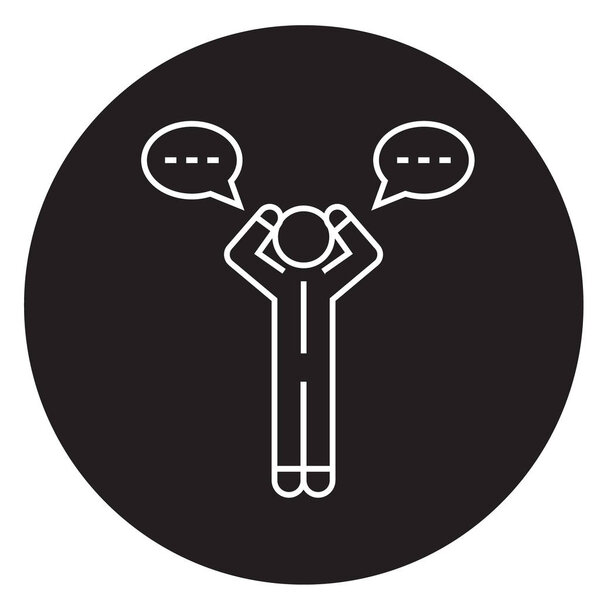 Doubt man with chat black vector concept icon. Doubt man with chat flat illustration, sign