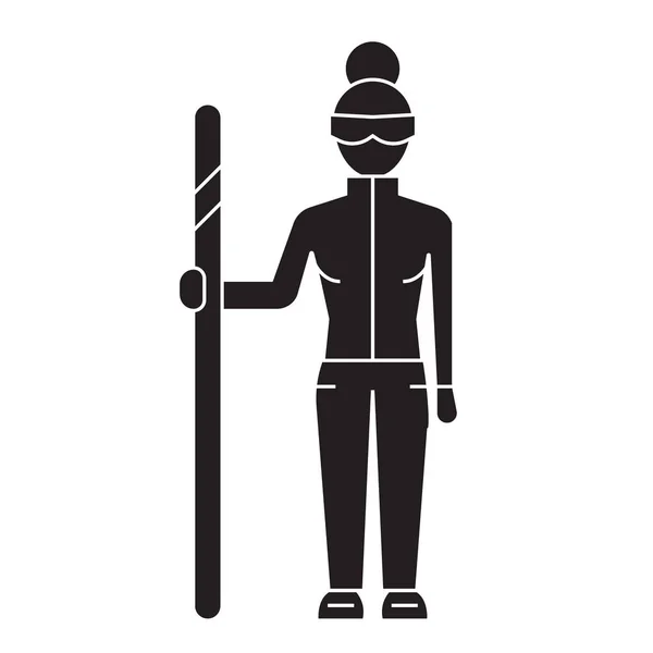 Icona del concetto di vettore nero sciatore in discesa. Illustrazione pianeggiante dello sciatore in discesa, segno — Vettoriale Stock