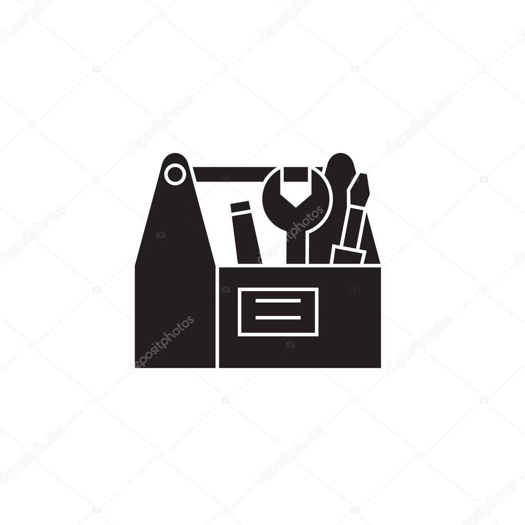 Construction tools box black vector concept icon. Construction tools box flat illustration, sign