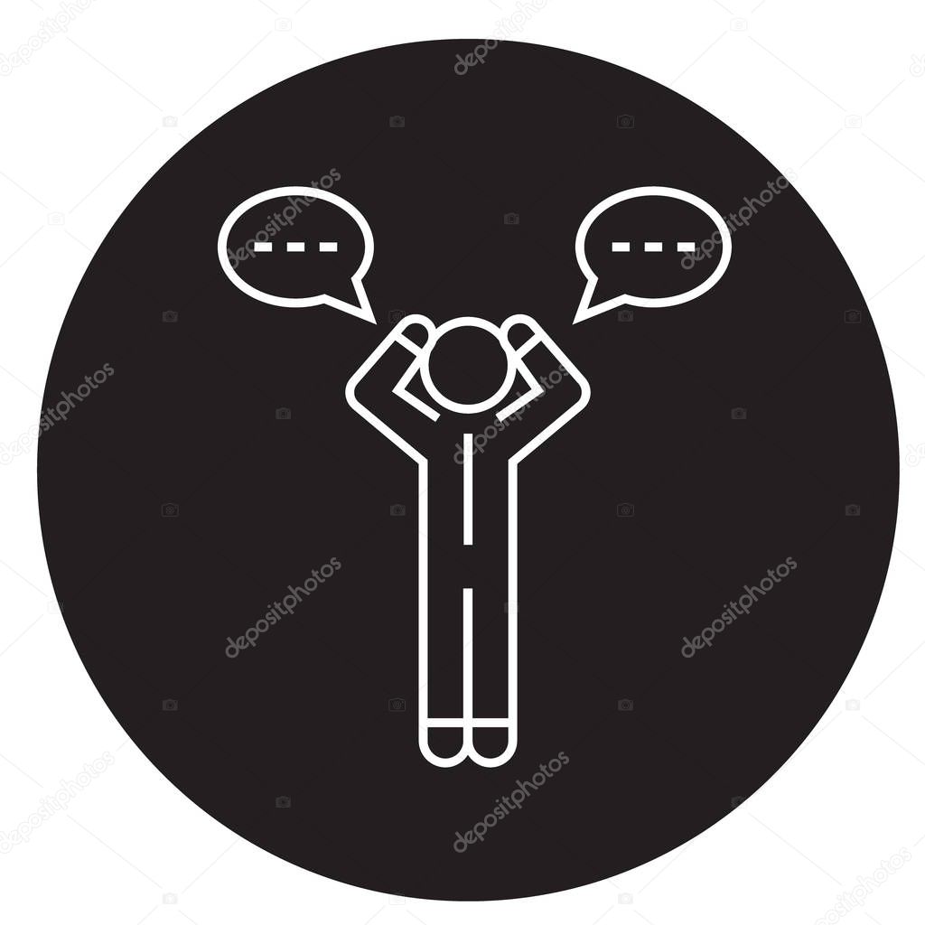 Doubt man with chat black vector concept icon. Doubt man with chat flat illustration, sign