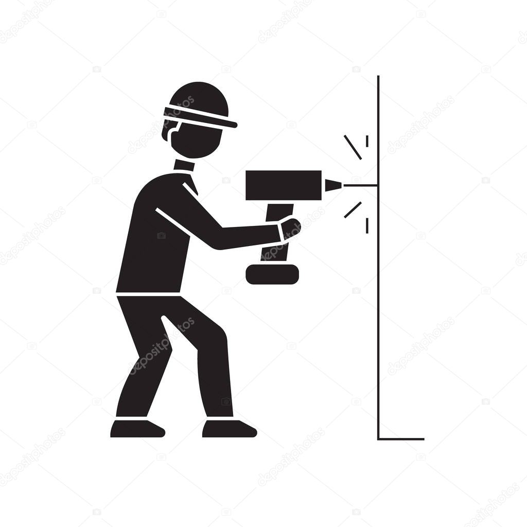 Drilling a hole in wall black vector concept icon. Drilling a hole in wall flat illustration, sign, symbol