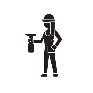 Bir püskürtücü siyah vektör kavramı simgesi olan kız. Kız bir püskürtücü düz illüstrasyon işareti ile