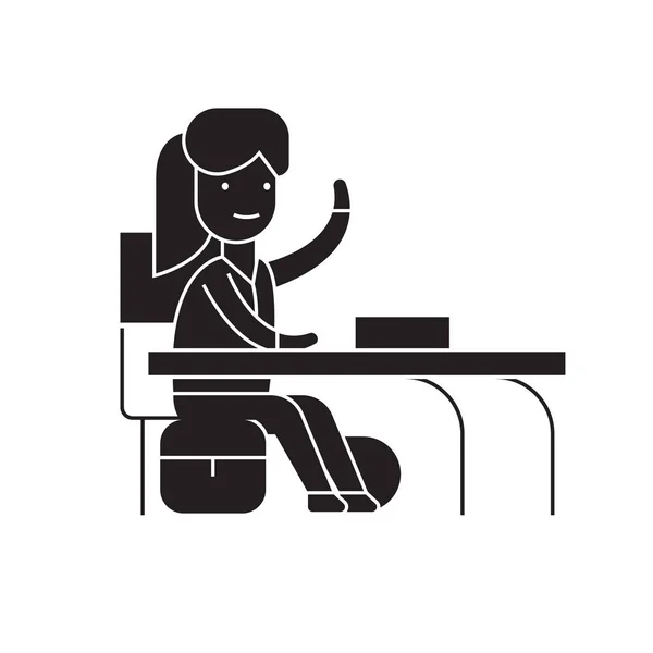 Mädchen an einem Schreibtisch schwarzes Vektor-Konzept-Symbol. Mädchen am Schreibtisch flache Abbildung, Zeichen — Stockvektor