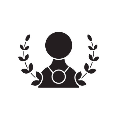 Çelenk ve madalya siyah vektör kavramı simgesi olan adam. Adam çelenk ve madalya düz illüstrasyon işareti ile