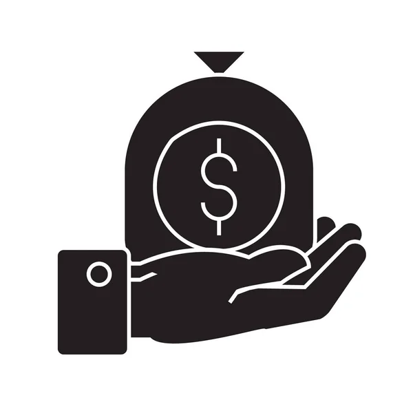 Mano con bolsa de dinero icono concepto vector negro. Mano con bolsa de dinero ilustración plana, signo — Vector de stock