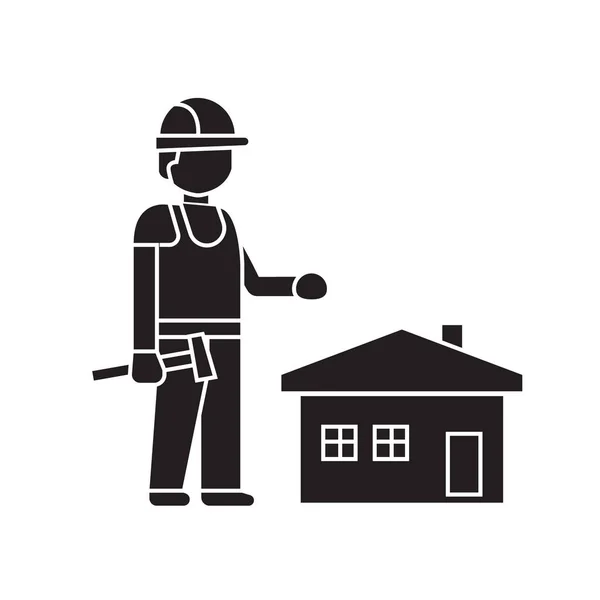 Home construction worker black vector concept icon. Home construction worker flat illustration, sign — Stock Vector