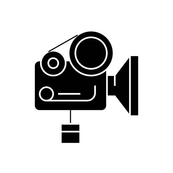 กล้องภาพยนตร์ไอคอนแนวคิดเวกเตอร์สีดํา กล้องภาพยนตร์ ภาพแบน ป้าย — ภาพเวกเตอร์สต็อก