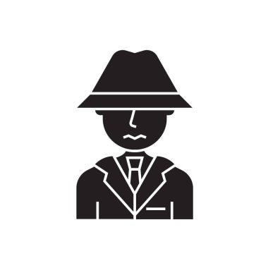 Şüpheli kişi siyah vektör kavramı simge. Şüpheli kişi düz illüstrasyon işareti