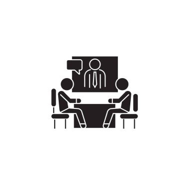 Telekonferans siyah vektör kavramı simge. Telekonferans düz illüstrasyon işareti