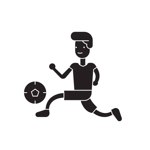 Jogando futebol vetor preto ícone conceito. Jogar futebol ilustração plana, sinal — Vetor de Stock