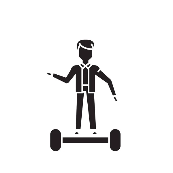 Auf einem Gyroboard fahrenden schwarzen Vektor-Konzeptsymbol. Reiten auf einem Gyroboard flache Abbildung, Zeichen — Stockvektor
