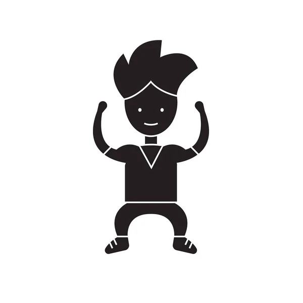 Icono de concepto de vector negro niño fuerte. Muchacho fuerte ilustración plana, signo — Vector de stock