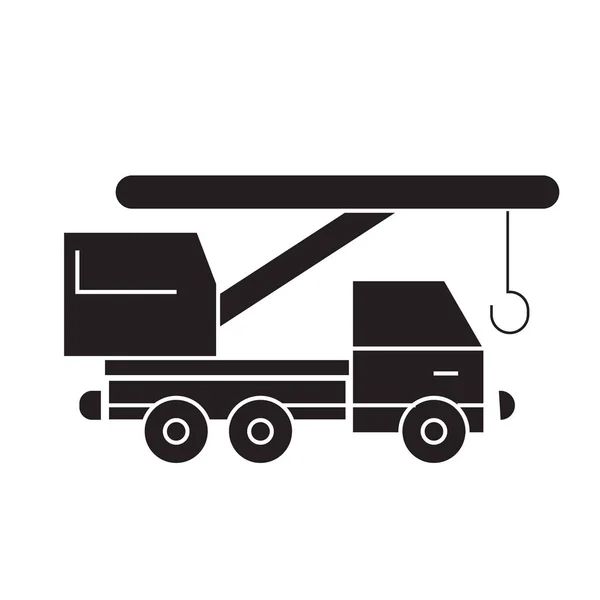 Vrachtwagen kraan zwarte vector concept pictogram. Vrachtwagen kraan platte illustratie, teken — Stockvector
