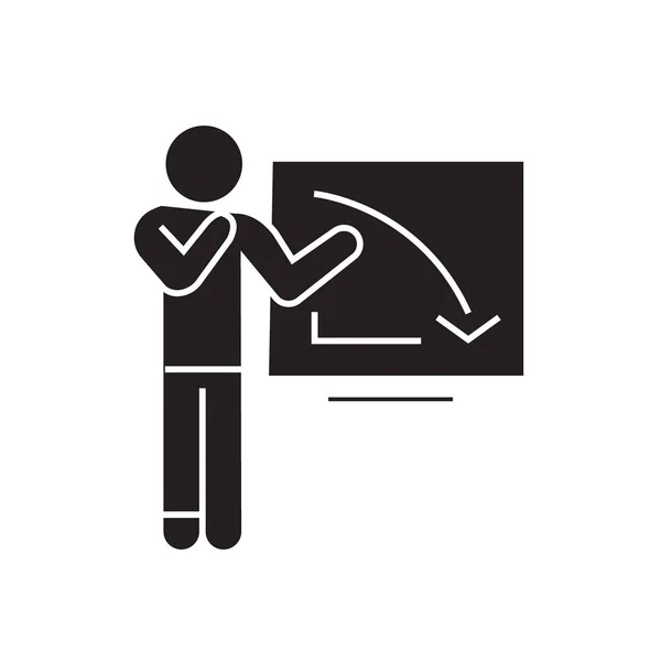 Hombre de negocios trastornado, gráfico abajo icono concepto de vector negro. Empresario trastornado, gráfico abajo ilustración plana, signo — Vector de stock