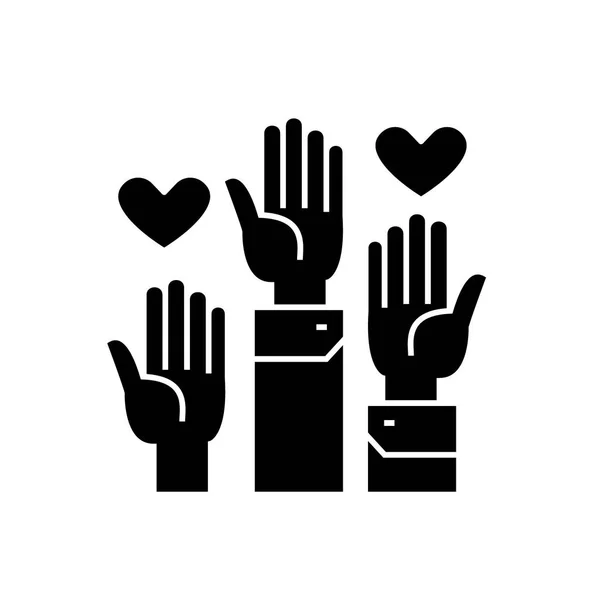 Önkéntes kezét fekete vektor-koncepció ikonra. Önkéntes kezét lapos illusztráció, jel — Stock Vector