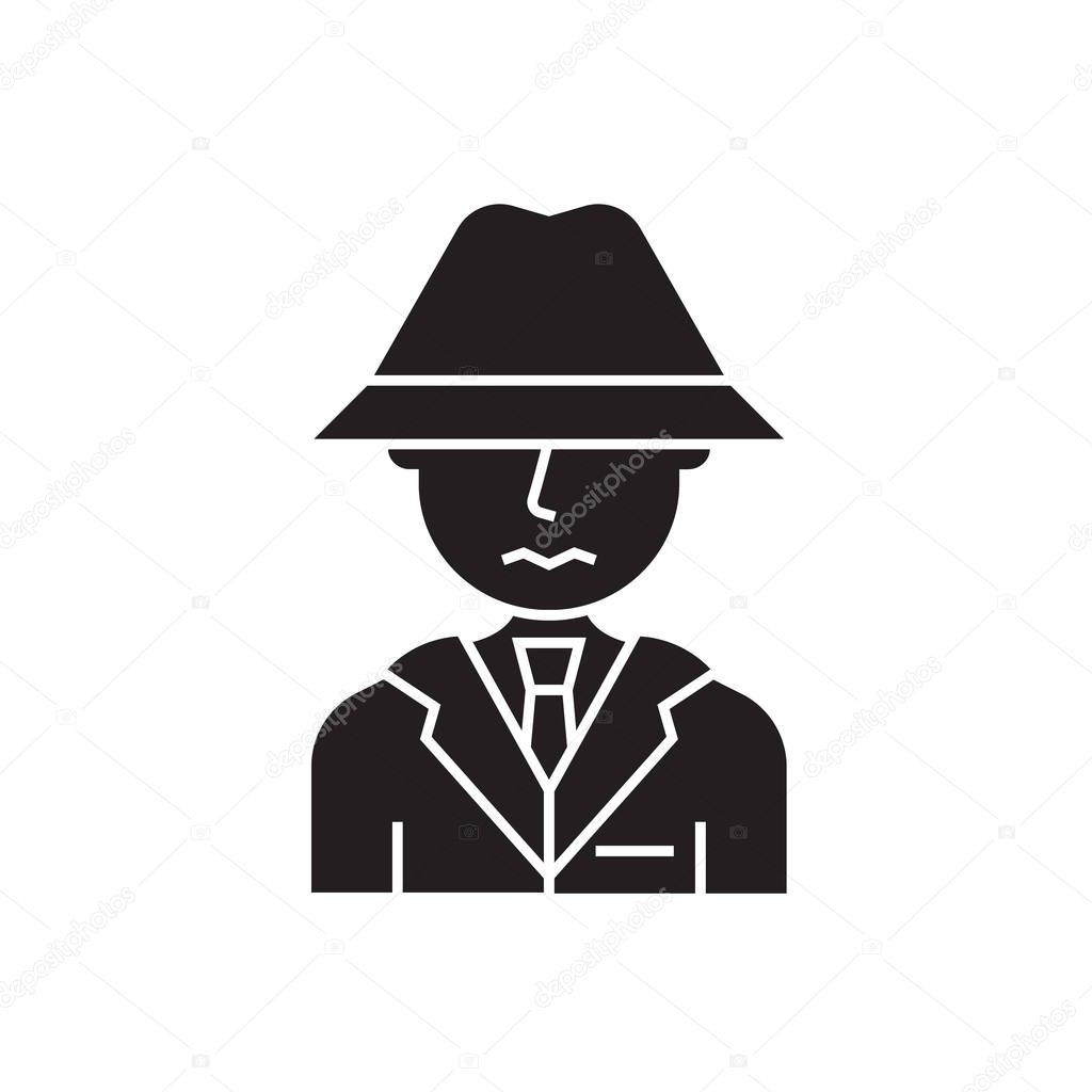 Suspicious person black vector concept icon. Suspicious person flat illustration, sign