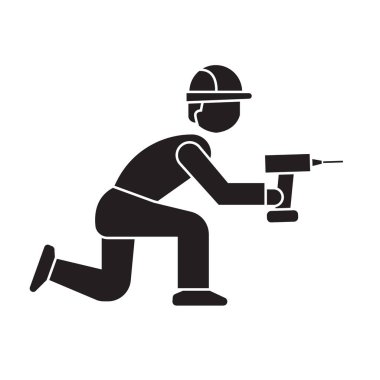 İşçi tornavida siyah vektör kavramı simge ile. Tornavida düz çizim, işareti ile çalışan