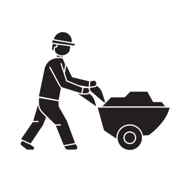 İşçi el arabası siyah vektör kavramı simge ile. El arabası düz çizim, işareti ile çalışan