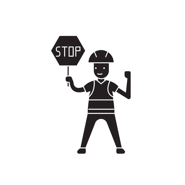 Werknemer met een stop ondertekenen black vector concept pictogram. Werknemer met een stopbord platte illustratie, teken — Stockvector