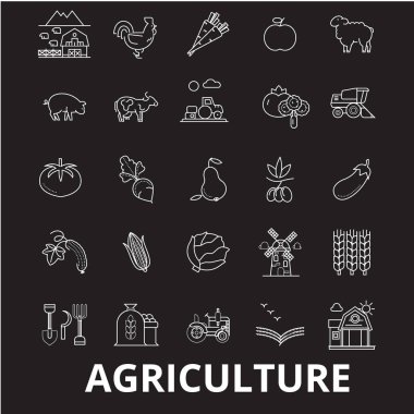 Tarım düzenlenebilir satır simgeler kümesi siyah arka plan üzerine vektör. Tarım beyaz anahat illüstrasyonlar, işaretler, semboller