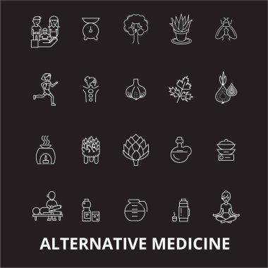 Alternatif Tıp düzenlenebilir satır simgeler kümesi siyah arka plan üzerine vektör. Alternatif Tıp beyaz anahat illüstrasyonlar, işaretler, semboller