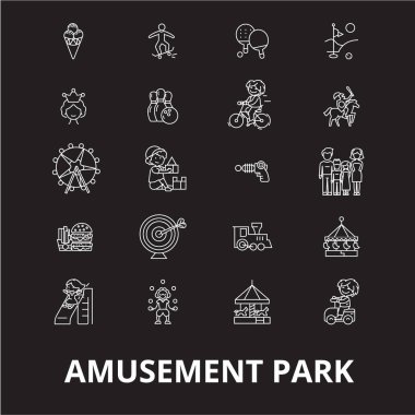Eğlence Parkı düzenlenebilir satır simgeler kümesi siyah arka plan üzerine vektör. Eğlence Parkı beyaz anahat illüstrasyonlar, işaretler, semboller
