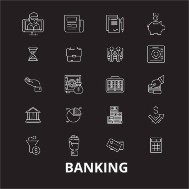 Düzenlenebilir satır simgeler vektör bankacılık siyah arka plan üzerinde ayarlayın. Bankacılık beyaz anahat illüstrasyonlar, işaretler, semboller