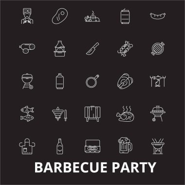Barbekü partisi düzenlenebilir satır simgeler kümesi siyah arka plan üzerine vektör. Barbekü partisi beyaz anahat illüstrasyonlar, işaretler, semboller