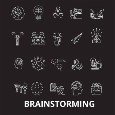 Siyah arka plan üzerine ayarla düzenlenebilir satır simgeler vektör beyin fırtınası. Beyin fırtınası beyaz anahat illüstrasyonlar, işaretler, semboller