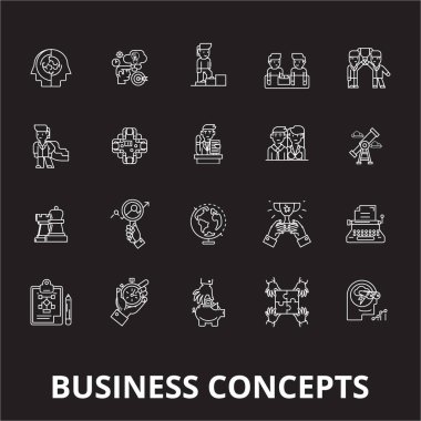İş kavramları düzenlenebilir satır simgeler kümesi siyah arka plan üzerine vektör. İş kavramları beyaz anahat illüstrasyonlar, işaretler, semboller