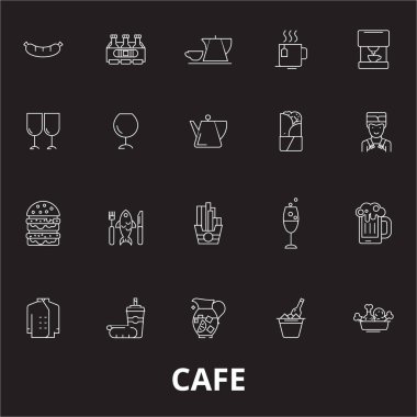 Cafe düzenlenebilir satır simgeler kümesi siyah arka plan üzerine vektör. Cafe Beyaz anahat illüstrasyonlar, işaretler, semboller