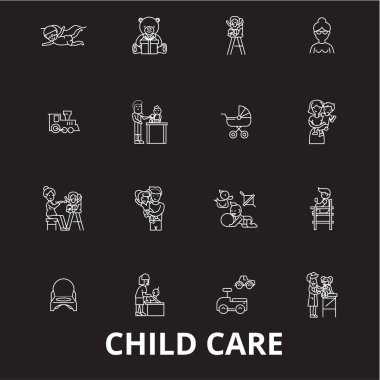 Çocuk bakım düzenlenebilir satır simgeler kümesi siyah arka plan üzerine vektör. Çocuk bakım beyaz anahat illüstrasyonlar, işaretler, semboller