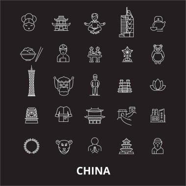 Çin düzenlenebilir satır simgeler kümesi siyah arka plan üzerine vektör. Çin beyaz anahat illüstrasyonlar, işaretler, semboller