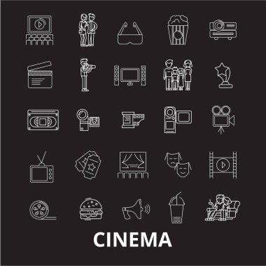 Sinema düzenlenebilir satır simgeler kümesi siyah arka plan üzerine vektör. Sinema beyaz anahat illüstrasyonlar, işaretler, semboller