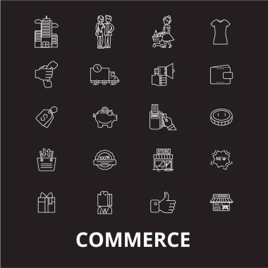 Ticaret düzenlenebilir satır simgeler kümesi siyah arka plan üzerine vektör. Ticaret beyaz anahat illüstrasyonlar, işaretler, semboller