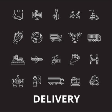 Teslimat düzenlenebilir satır simgeler kümesi siyah arka plan üzerine vektör. Teslimat beyaz anahat illüstrasyonlar, işaretler, semboller
