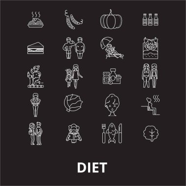 Diyet düzenlenebilir satır simgeler vektör siyah arka plan üzerine ayarla. Diyet beyaz anahat illüstrasyonlar, işaretler, semboller