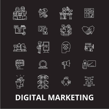 Dijital pazarlama düzenlenebilir satır simgeler kümesi siyah arka plan üzerine vektör. Dijital pazarlama beyaz anahat illüstrasyonlar, işaretler, semboller