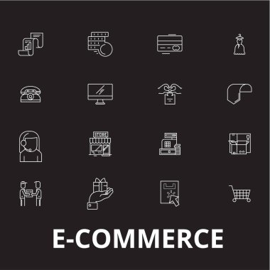 E-ticaret düzenlenebilir satır simgeler kümesi siyah arka plan üzerine vektör. E-ticaret beyaz anahat illüstrasyonlar, işaretler, semboller