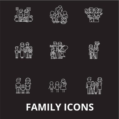 Aile düzenlenebilir çizgisi simgeler kümesi siyah arka plan üzerine vektör. Aile beyaz anahat illüstrasyonlar, işaretler, semboller
