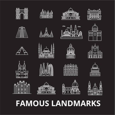 Ünlü simge düzenlenebilir satır simgeler kümesi siyah arka plan üzerine vektör. Ünlü simge beyaz anahat illüstrasyonlar, işaretler, semboller